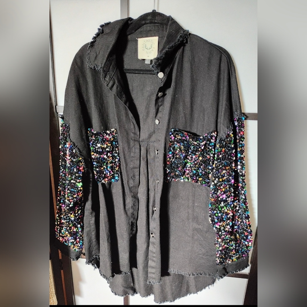 Black Jacket with Multicolor Beaded Sleeves